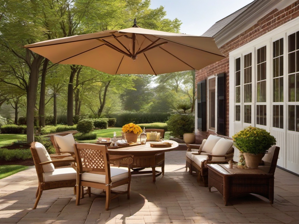 Colonial patio features classic wooden furniture, warm colors, and simple decor that provide a cozy and timeless atmosphere for outdoor gatherings.  