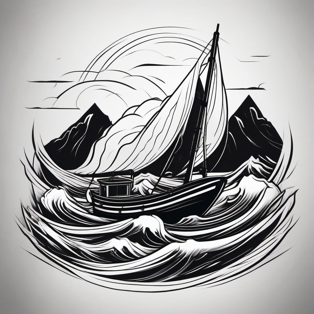 Boat on stormy waves tattoo. Navigating life's challenges.  minimalist black white tattoo style