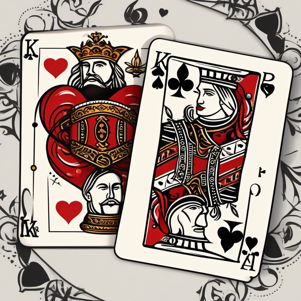 King and Queen Card Tattoo - Celebrate your love with a deck of cards.  minimalist color tattoo, vector