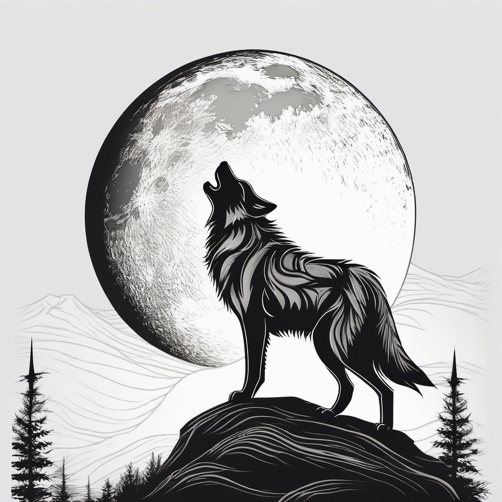 Wolf Tattoo - Wild wolf howling at the moon, representing resilience  few color tattoo design, simple line art, design clean white background