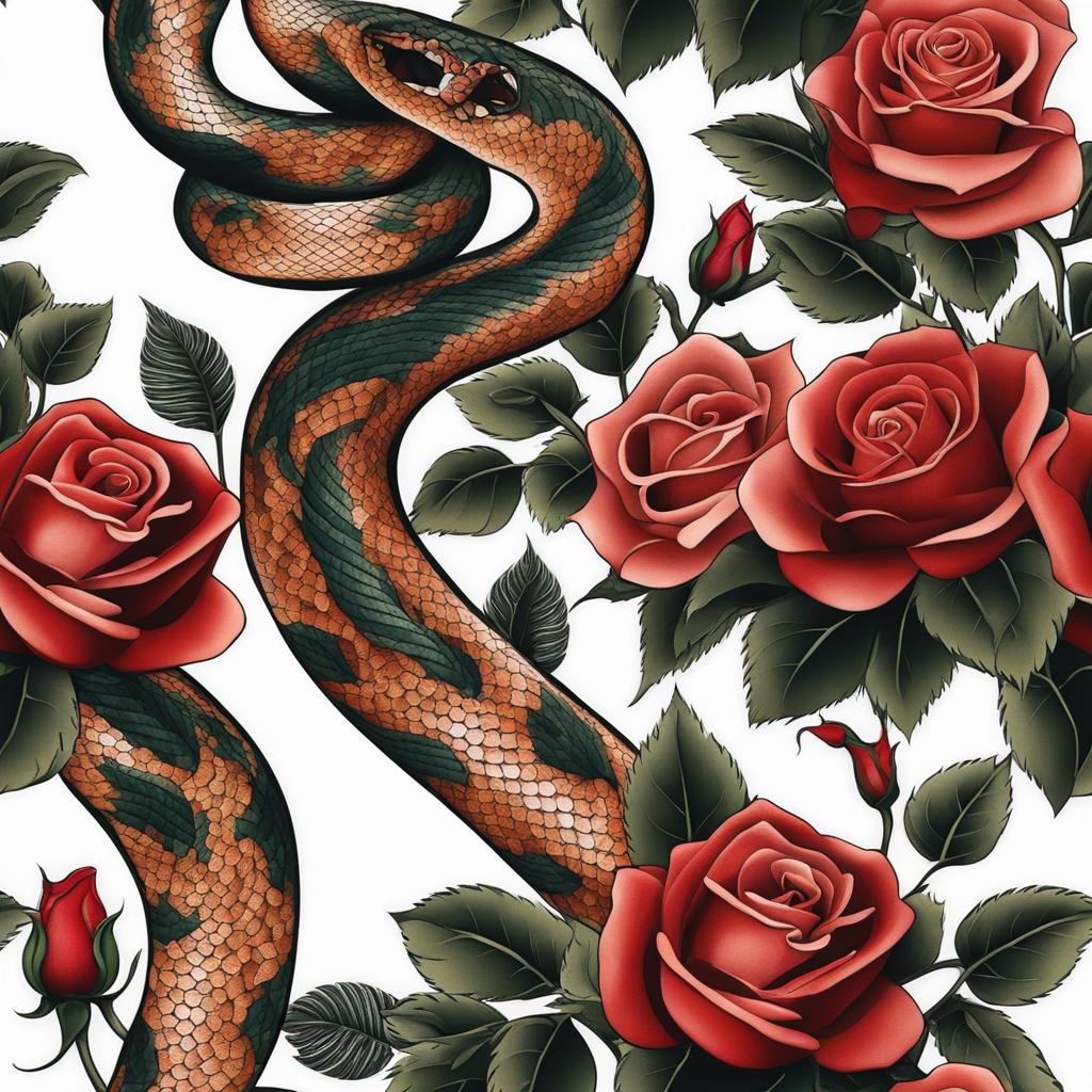 Snake and rose tattoo, Creative tattoos combining snake imagery with the elegance of roses.  color, tattoo patterns, white clean background