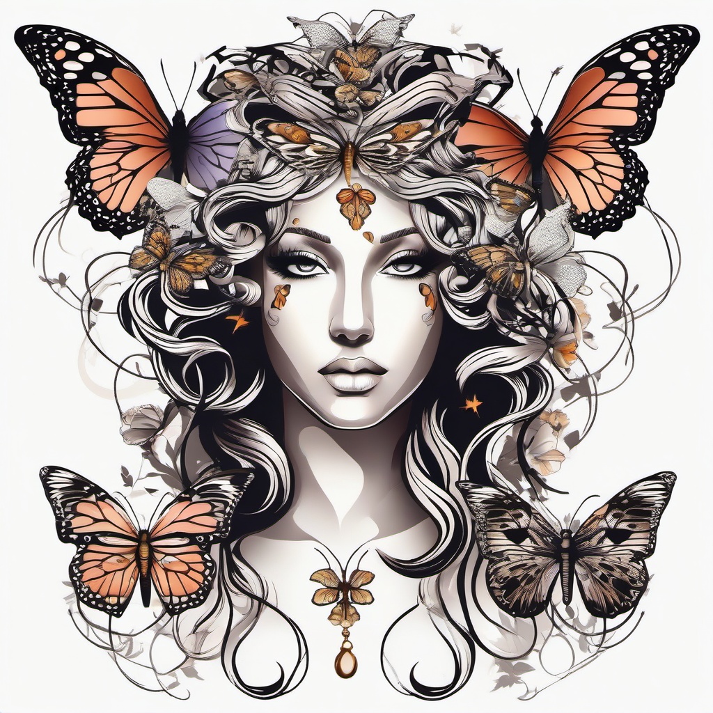 Medusa and Butterfly Tattoo - Combine the mythical charm of Medusa with the delicate beauty of butterflies in a captivating tattoo design.  simple vector color tattoo,minimal,white background