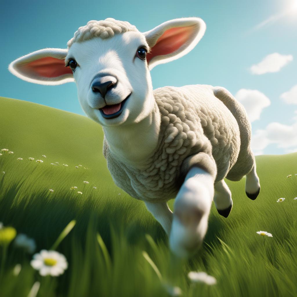 lamb leaping through a vibrant green meadow 8k ultrarealistic cinematic 