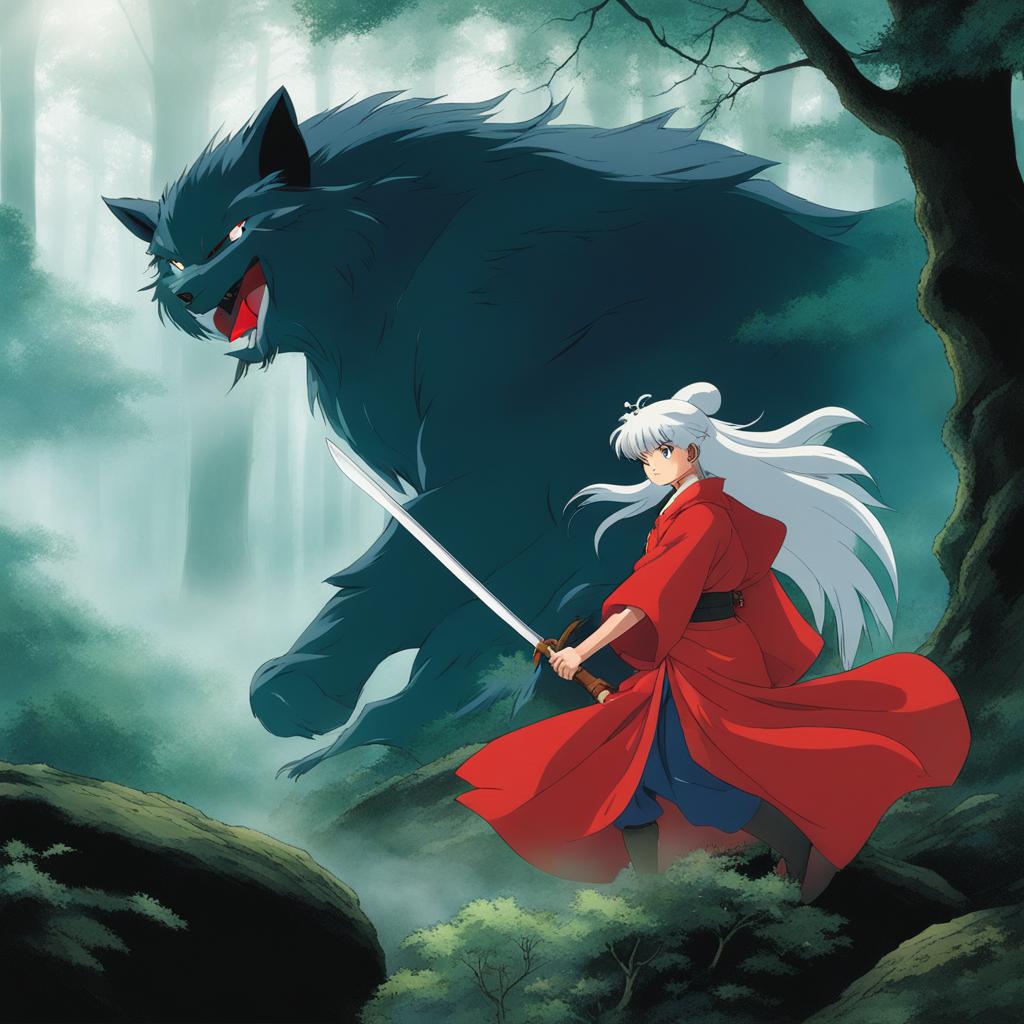 inuyasha battles a formidable demon within a mystical forest shrouded in mist. 