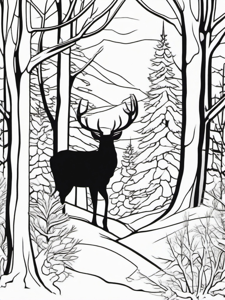 Winter Woodland Scene Coloring Pages - Quiet Snowy Forest Full of Wildlife  minimal black outline printable sheet, coloring page