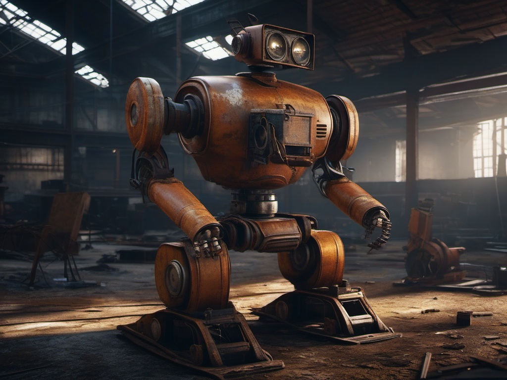 Rusty, disassembled robot in an abandoned workshop yearns to be whole again.  8k, hyper realistic, cinematic