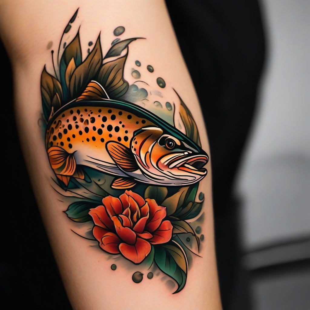 Brown Trout Tattoo-Bold and vibrant tattoo featuring a brown trout, capturing the beauty and elegance of this freshwater fish.  simple color vector tattoo