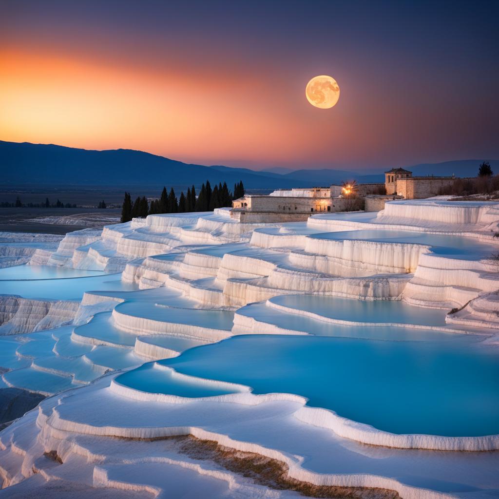 pamukkale, turkey - illustrate the surreal white terraces of pamukkale, illuminated by the soft glow of the moon. 