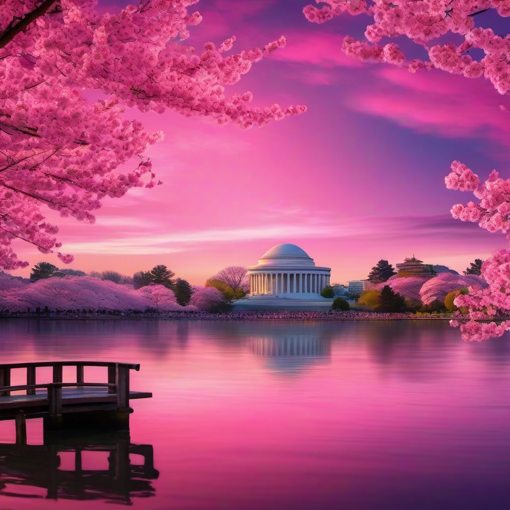 Pink Background - Cherry Blossoms at Washington's Tidal Basin wallpaper splash art, vibrant colors, intricate patterns