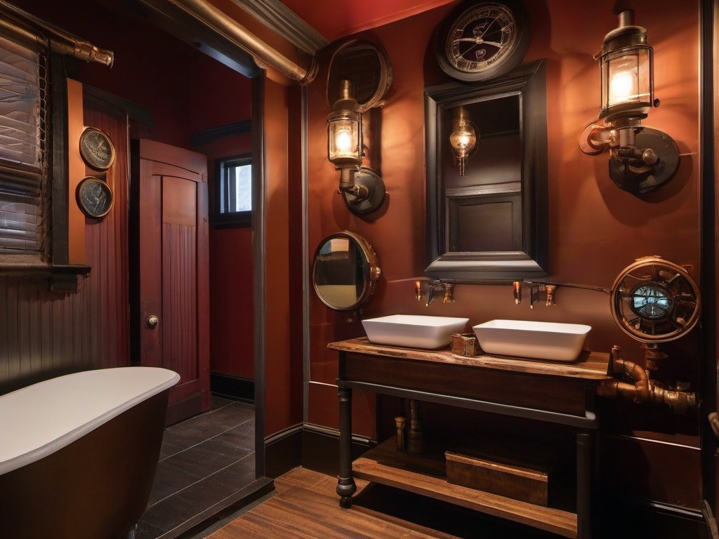 In the guest bathroom, steampunk interior design features vintage fixtures, industrial decor, and warm colors that create a welcoming atmosphere for visitors.  