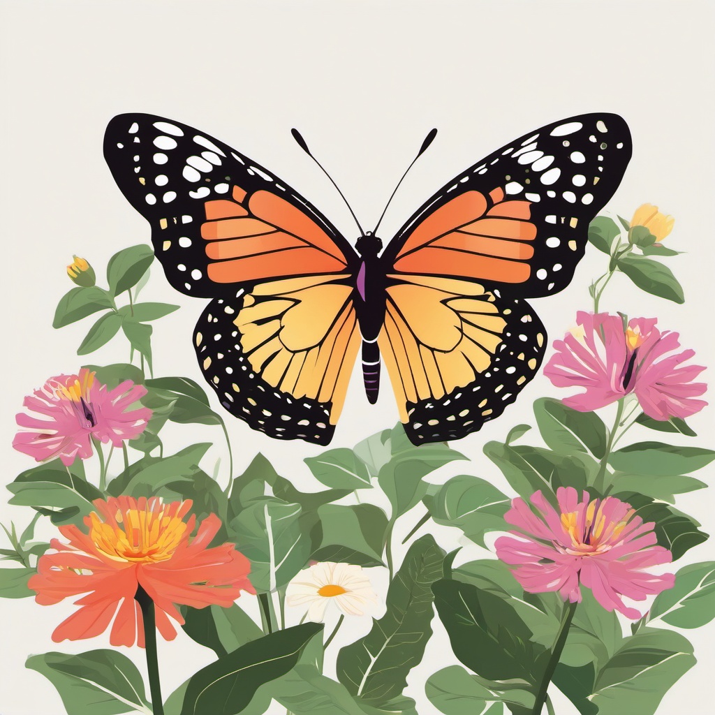 Butterfly in Garden Clip Art - Beautiful butterfly in a colorful garden,  color vector clipart, minimal style