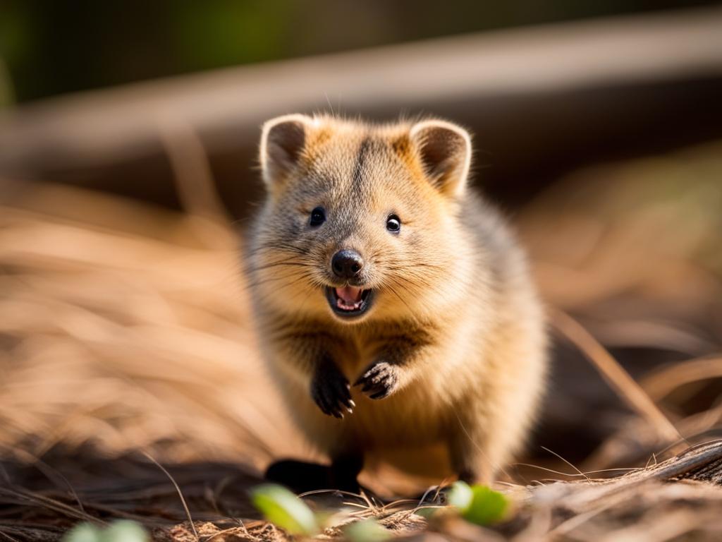 fluffy baby quokka with a perpetual smiling expression. 