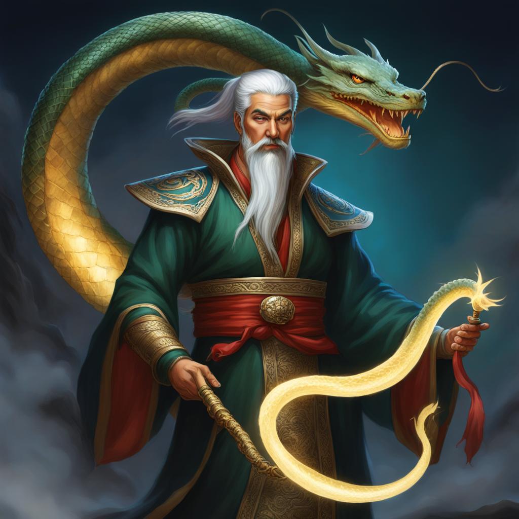 yuan-ti sorcerer with serpent familiar - illustrate a yuan-ti sorcerer with a serpent familiar, their connection to serpents evident in their magic. 