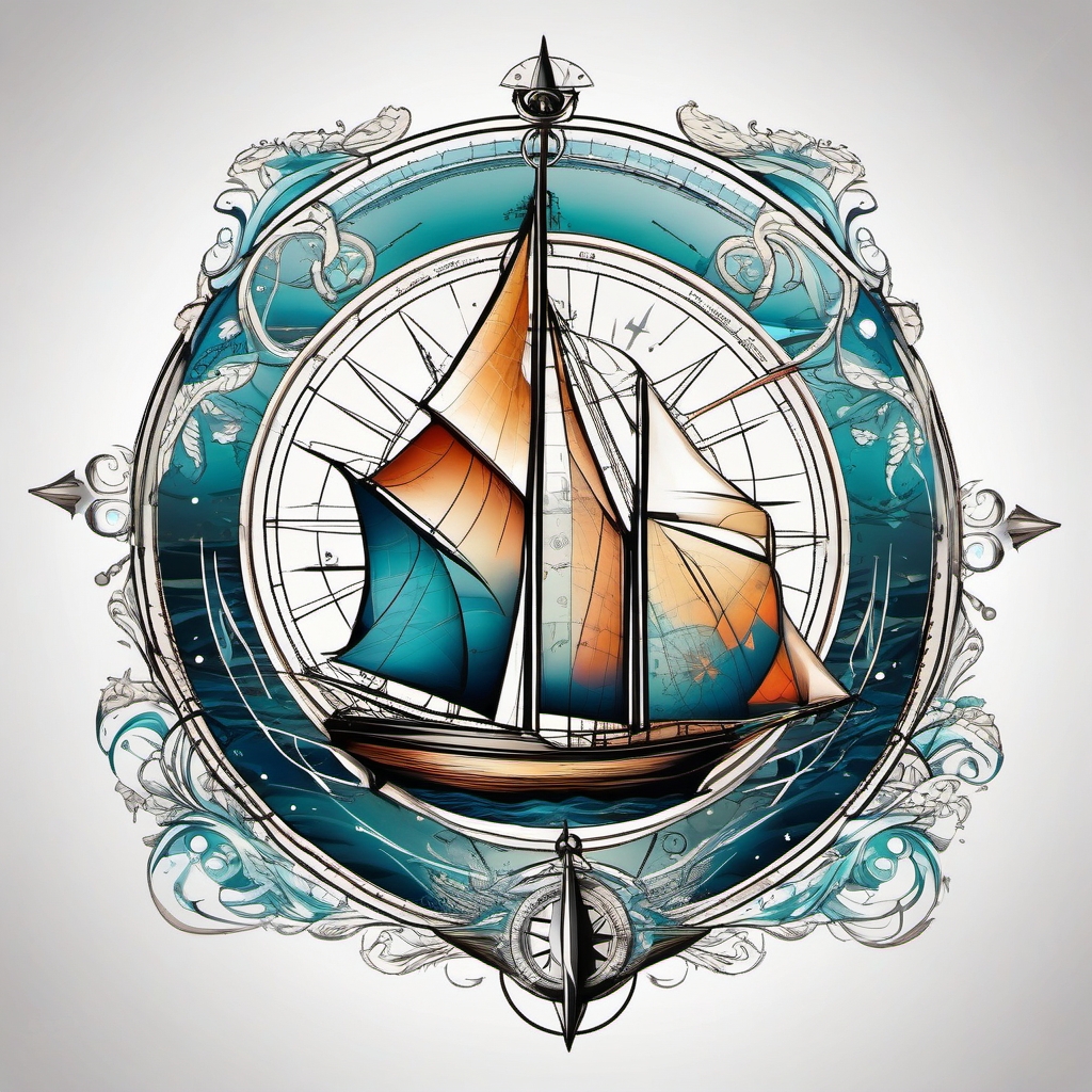 Sailboat with compass rose ink. Guided by maritime destiny.  color tattoo, white background