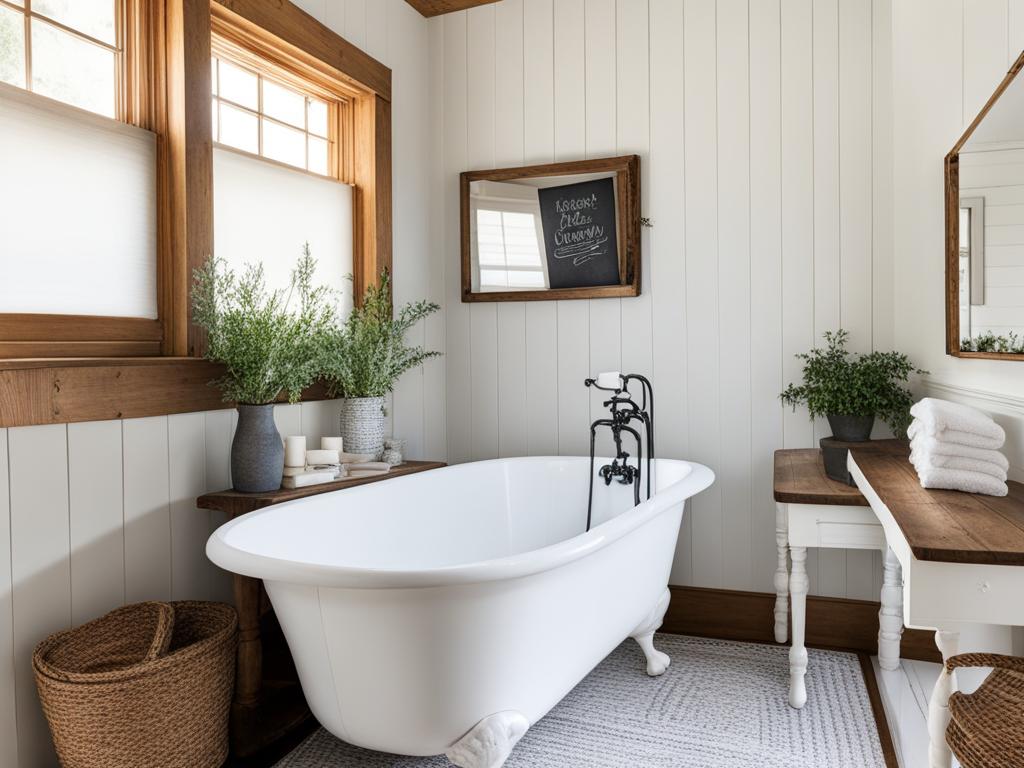 farmhouse bathroom with shiplap walls and a vintage clawfoot tub. 