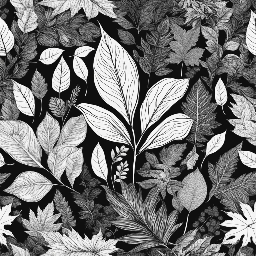 leaf clipart black and white in an autumn forest - showcasing intricate details. 