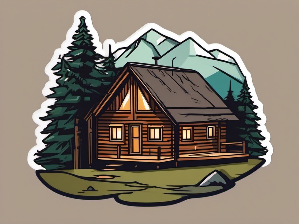 Mountain Cabin Sticker - Experience the rustic and tranquil charm of a mountain cabin with this cozy sticker, , sticker vector art, minimalist design