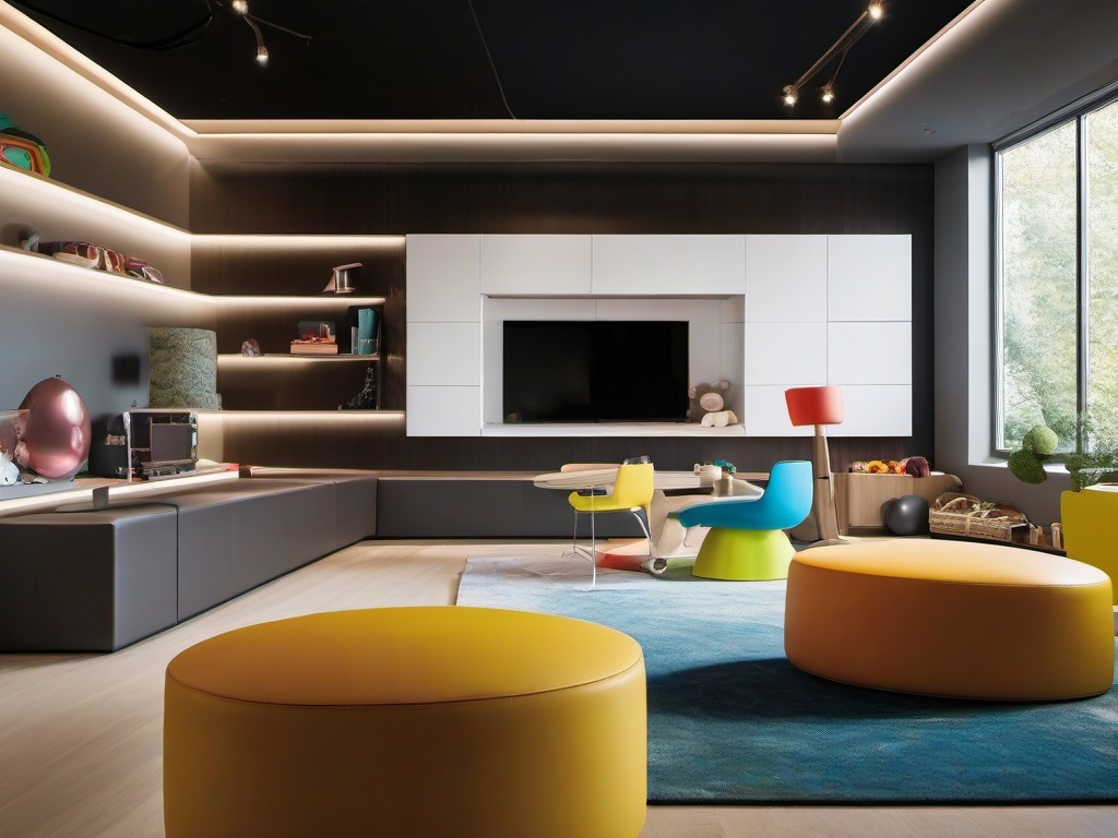 The playroom embodies High Tech interior design with interactive features, modern furniture, and sleek storage solutions, providing a dynamic space for children's activities.  