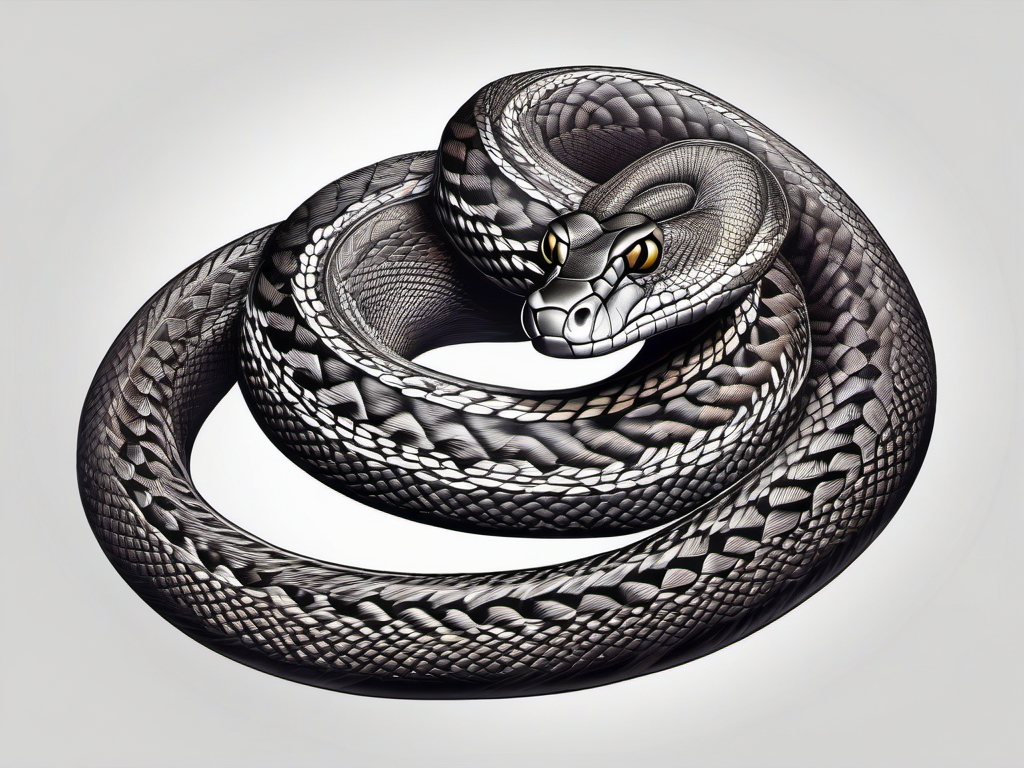 Coiled black mamba with piercing eyes ink. Hypnotic allure.  color tattoo, white background