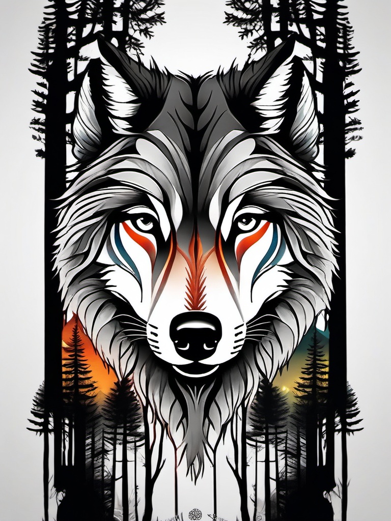 wolf forest tattoo  simple color tattoo,white background