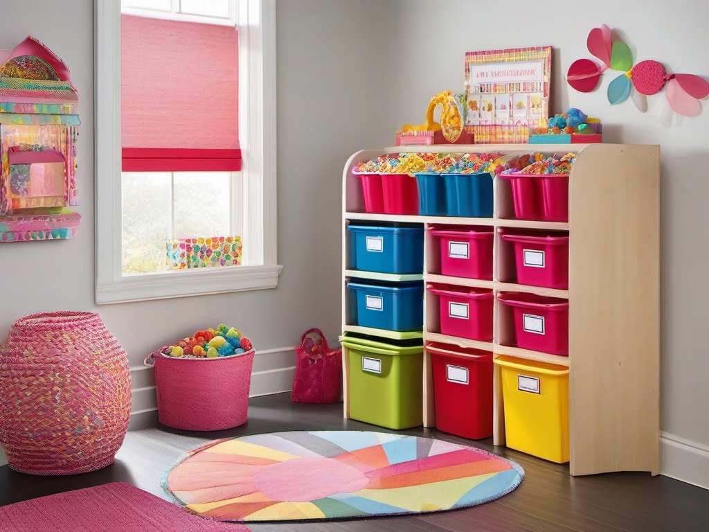 Candy Land storage room includes colorful bins, playful labels, and whimsical decor, maximizing organization and joy in a practical space.  