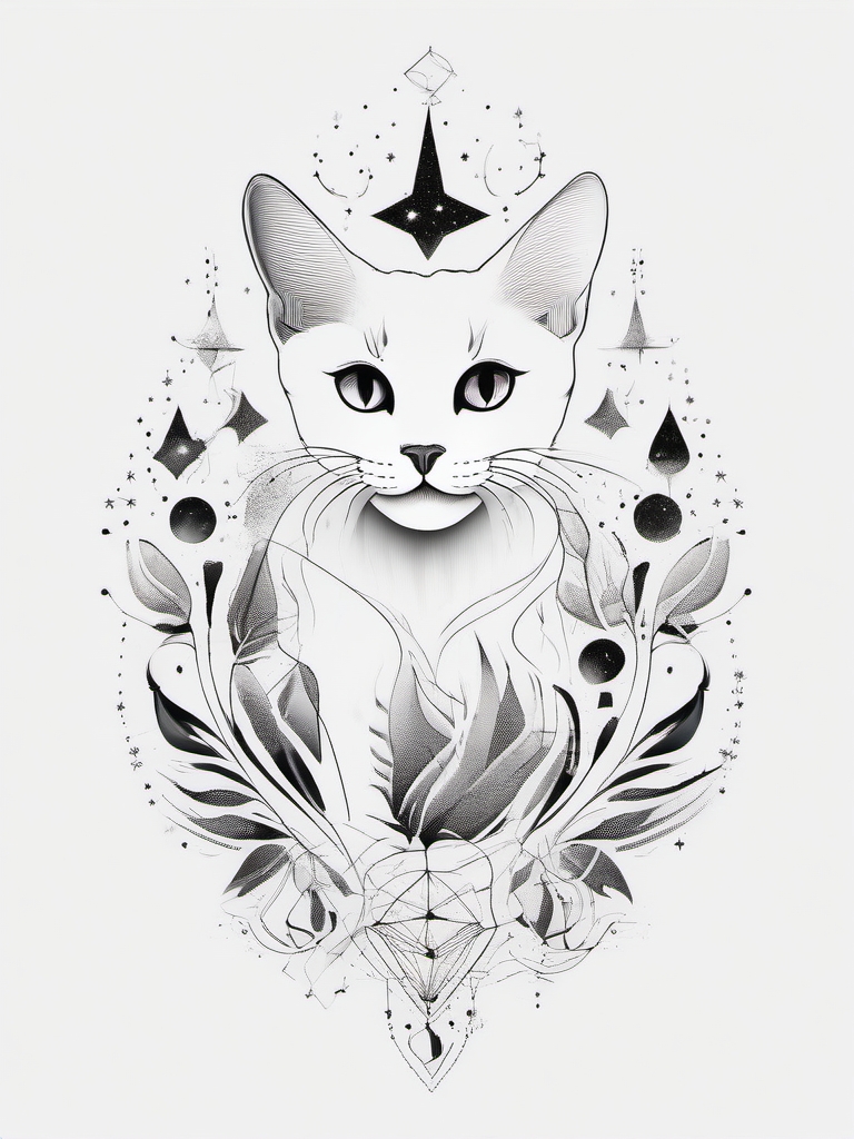 Cat paw with cosmic constellations: Celestial alignment in feline art.  black white tattoo, white background