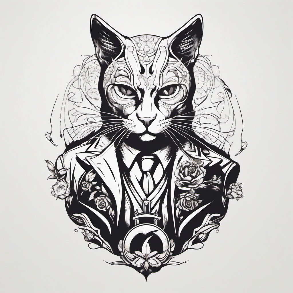 Cat Man Tattoo - Tattoo representing a man with cat-themed elements.  minimal color tattoo, white background