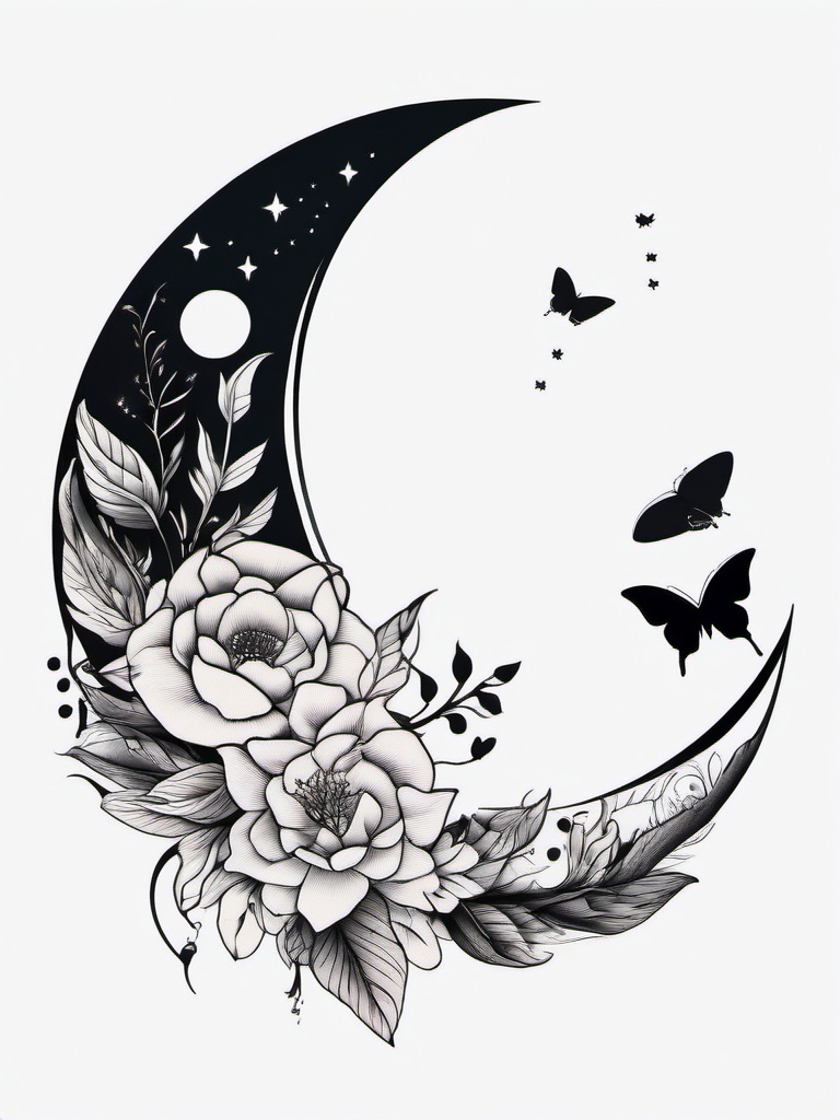 crescent moon and butterfly tattoo  simple color tattoo, minimal, white background