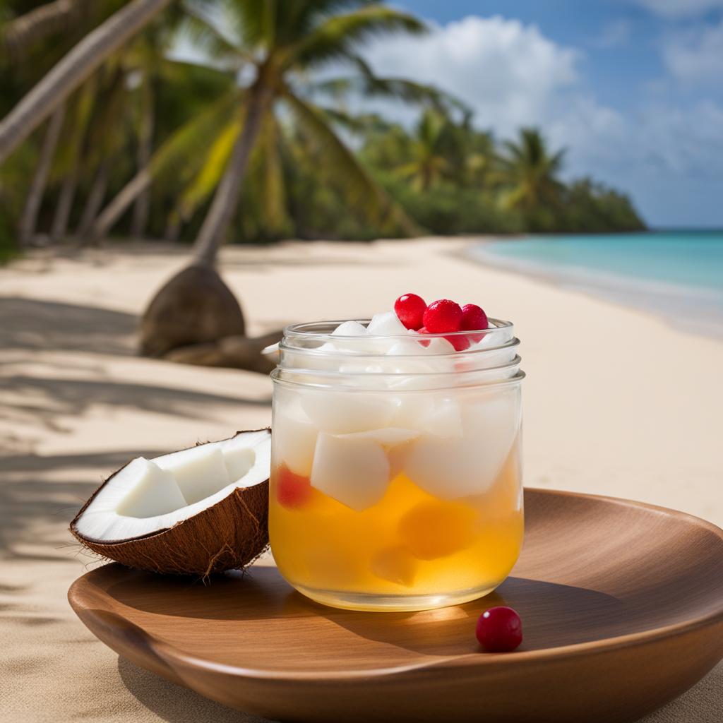 coconut and lychee jelly, a tropical treat, relished on a serene island beach. 