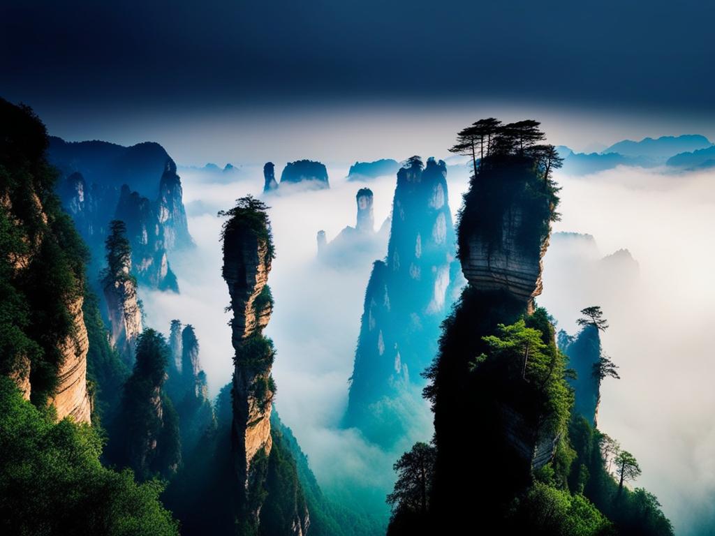 zhangjiajie national forest park, china - paint the towering sandstone pillars of zhangjiajie, inspired by the 'avatar' film, under the moonlight. 