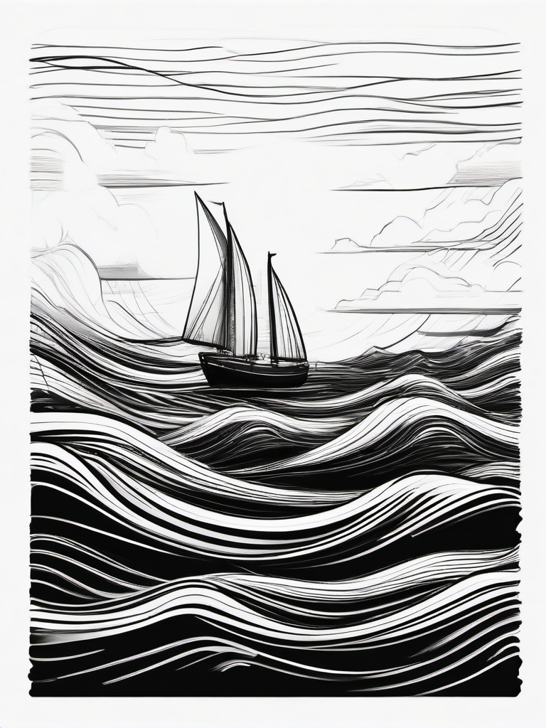 drawing of a boat surrounded by waves  minimal rough sketch scribbles,doodles,black and white