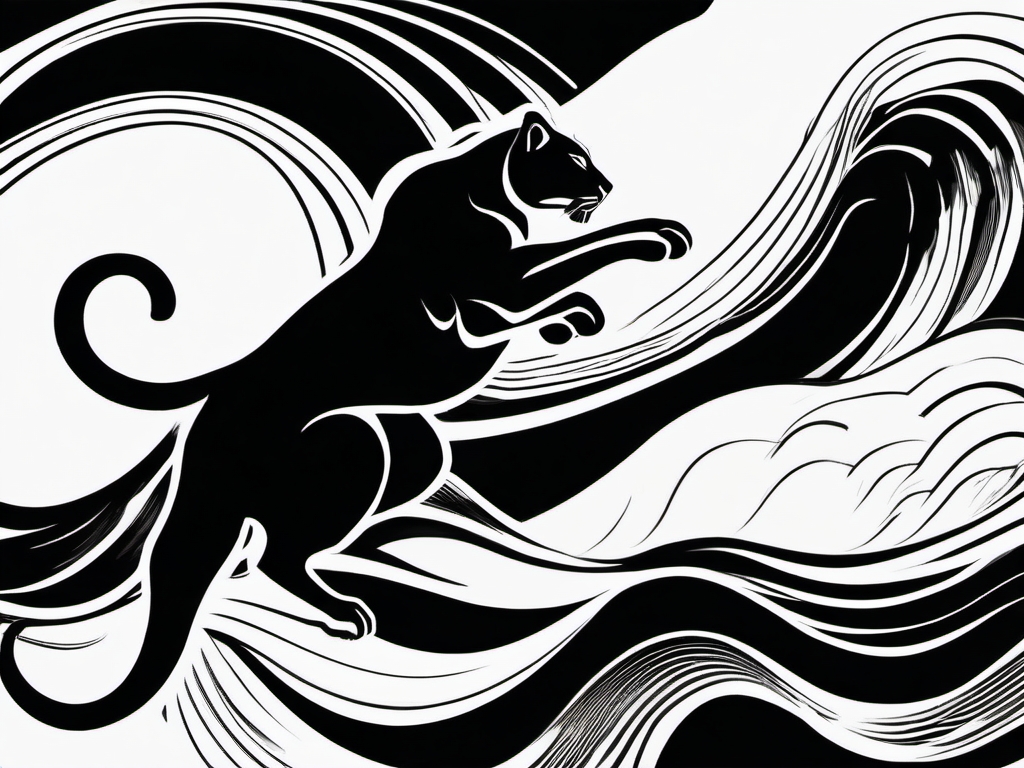 Abstract panther waves ink. Dynamic energy of the wild.  minimalist black white tattoo style