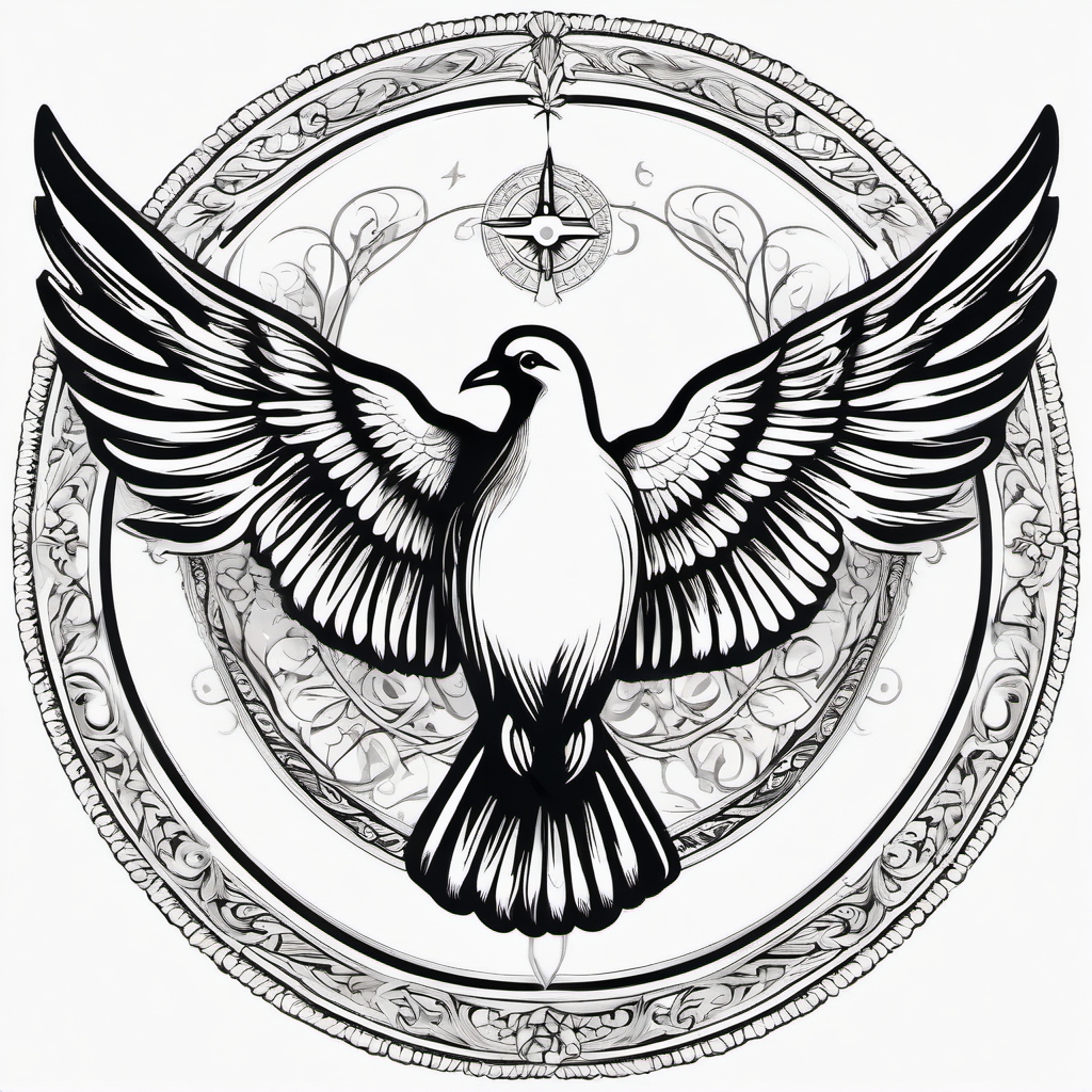 Holy spirit dove ink: Representation of divine guidance and peace in Catholic imagery.  black white tattoo, white background