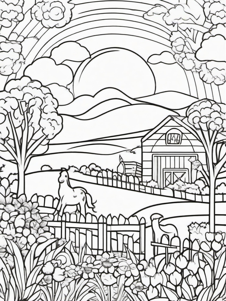 Kawaii Farm Scene Coloring Pages - Happy Animals on a Colorful Farm  minimal black outline printable sheet, coloring page