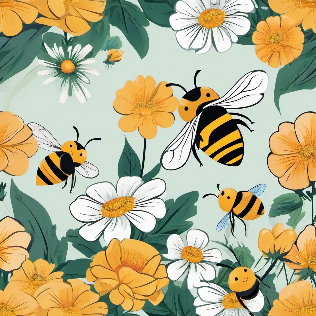 Bee clipart - Pollinator insect flying among flowers, ,color clipart vector style