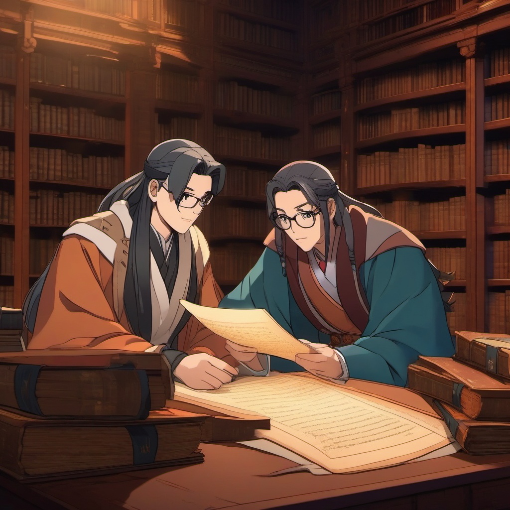 Resilient anime scholar and dedicated scholar friend, poring over ancient scrolls and manuscripts in a dusty library, seeking hidden knowledge, as a matching pfp for friends. wide shot, cool anime color style