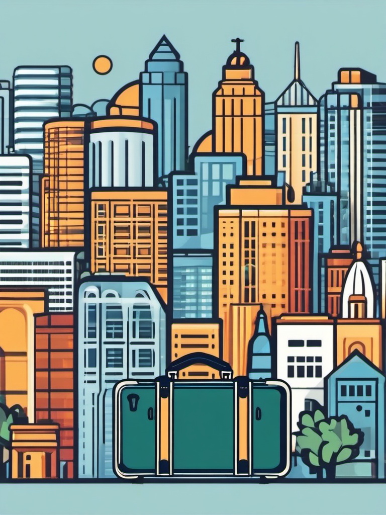 City Skyline and Suitcase Emoji Sticker - City break getaway, , sticker vector art, minimalist design