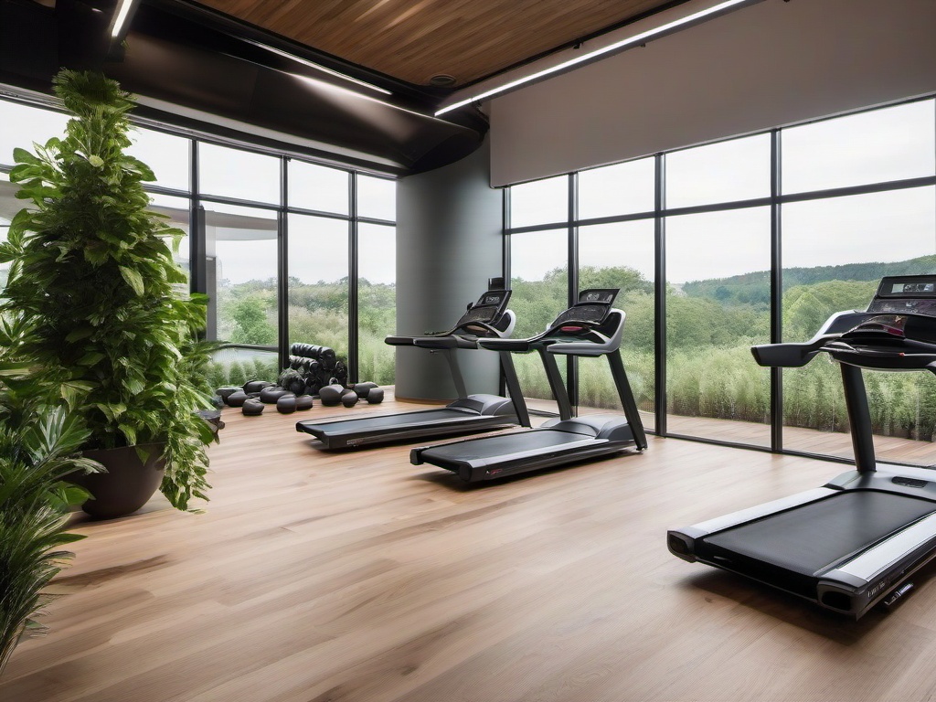 Biophilic interior design in the gym room incorporates natural wood flooring, ample light, and greenery, creating an energizing and refreshing environment for workouts.  