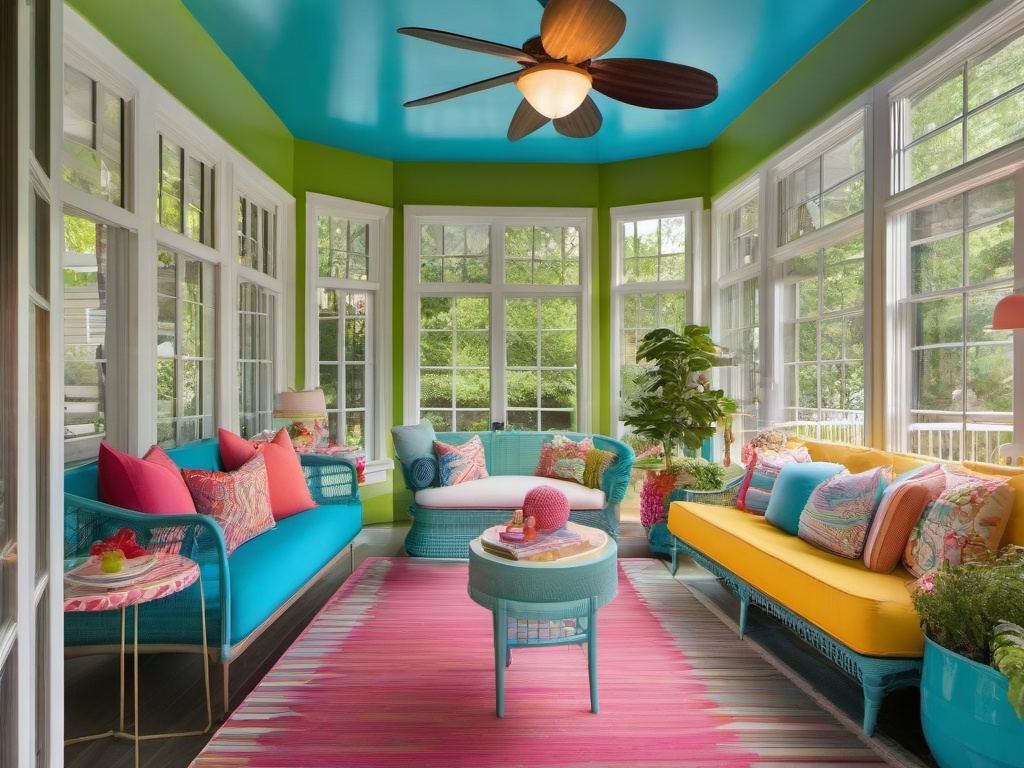 Candy Land sunroom showcases bright colors, playful furniture, and whimsical decor, blending indoor and outdoor living with a joyful atmosphere.  