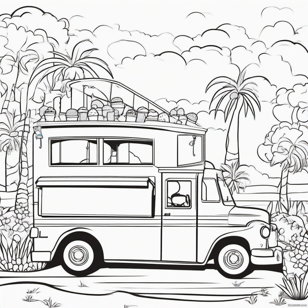 Summer Coloring Pages - Ice cream truck with children lining up for treats  simple coloring pages