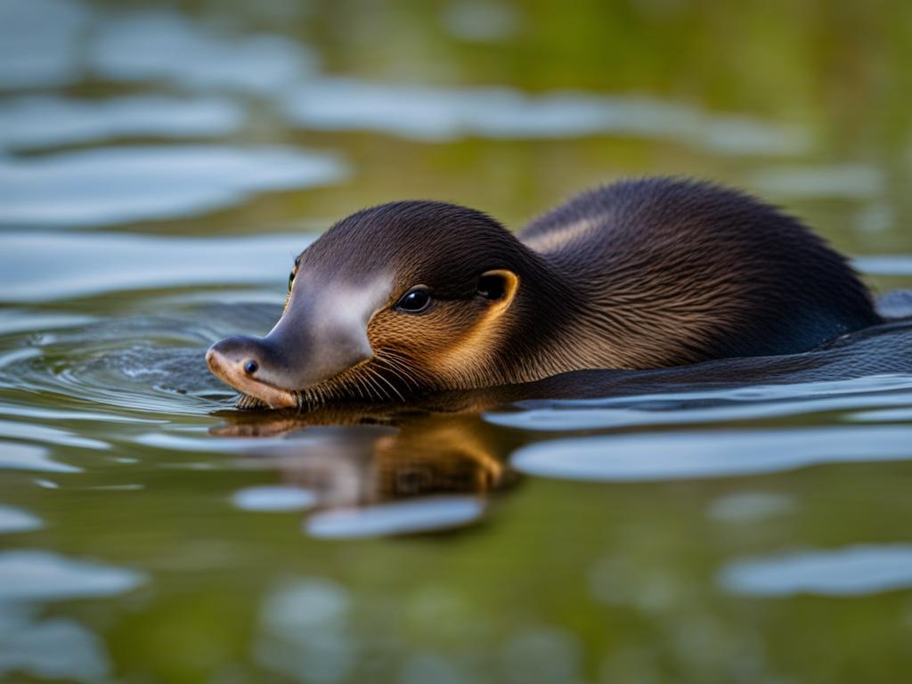 playful baby platypus splashing in a freshwater pond. 