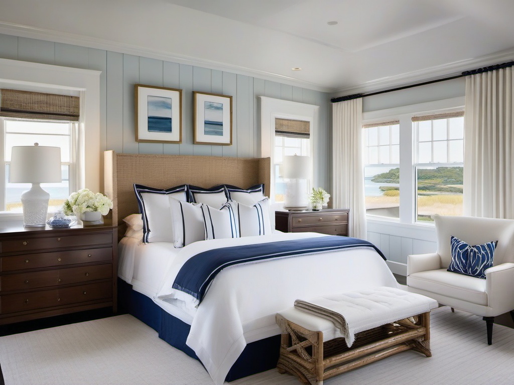 In the bedroom, Hampton interior design showcases a serene color scheme with crisp white linens, nautical accents, and natural materials that evoke a coastal retreat.  