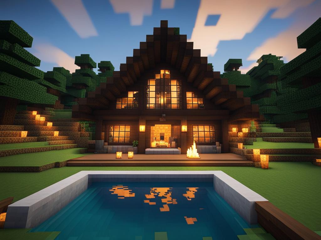 mountain lodge with a roaring fireplace and hot tub - minecraft house ideas minecraft block style