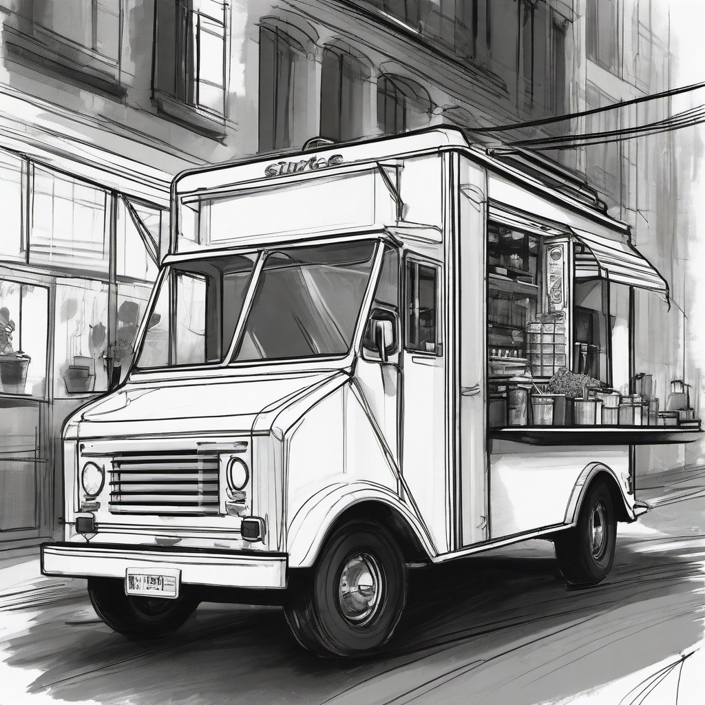 drawing of a food truck  minimal rough sketch scribbles,doodles,black and white