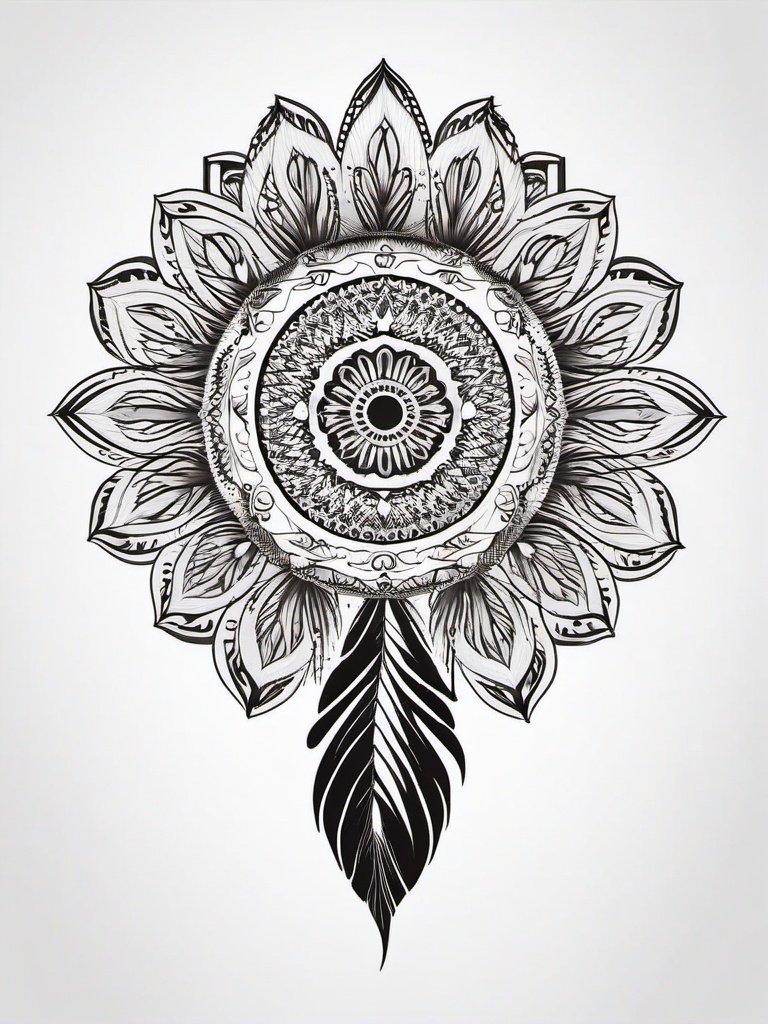 Feather Mandala Tattoo - Feather design incorporated into a mandala.  simple vector tattoo,minimalist,white background