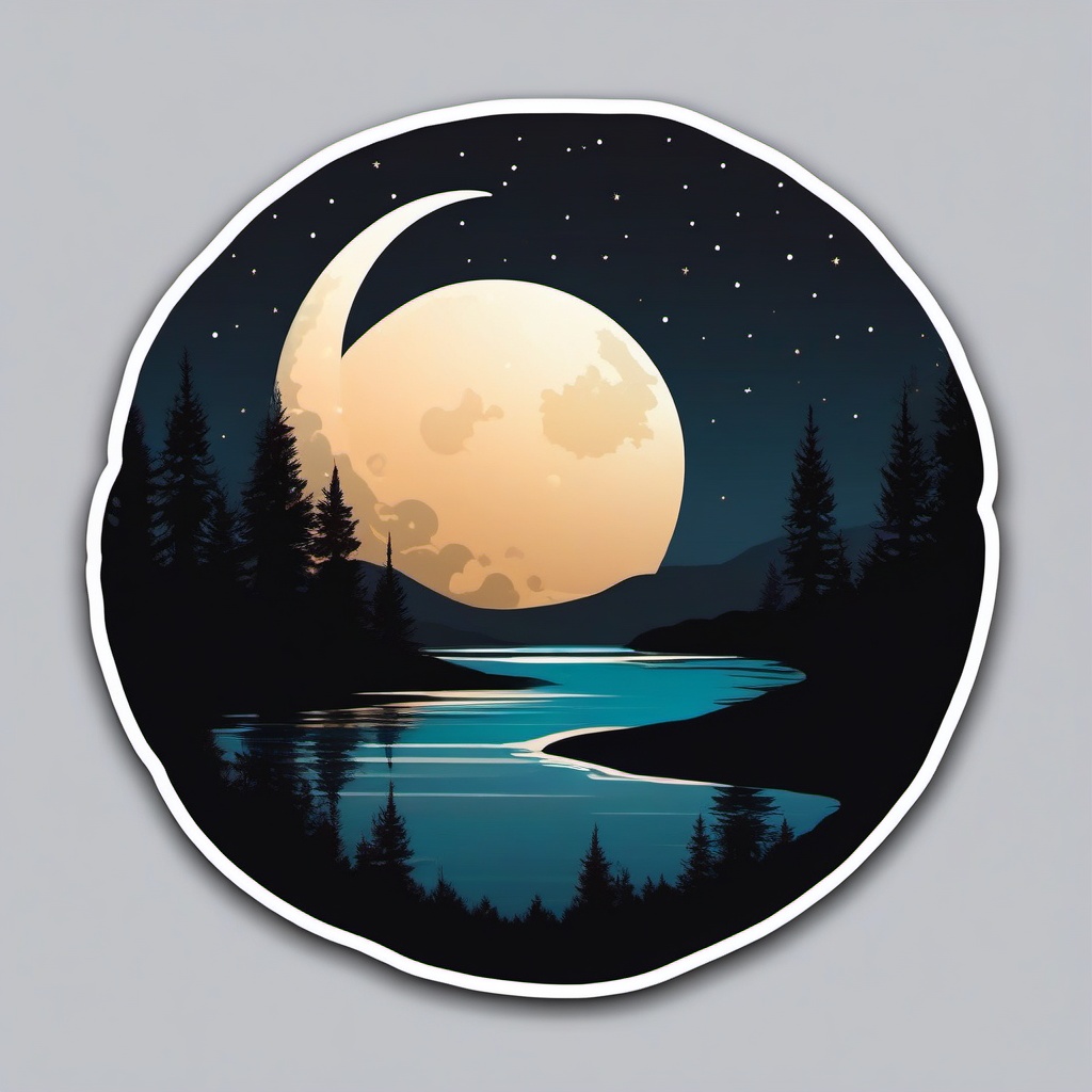 Moonlit Night Sticker - Tranquil night with a crescent moon, ,vector color sticker art,minimal