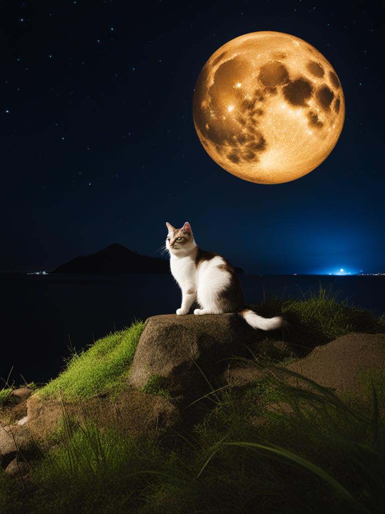 tashirojima - imagine a whimsical night on tashirojima, also known as cat heaven island, where feral cats roam freely and charm visitors under the starry sky. 