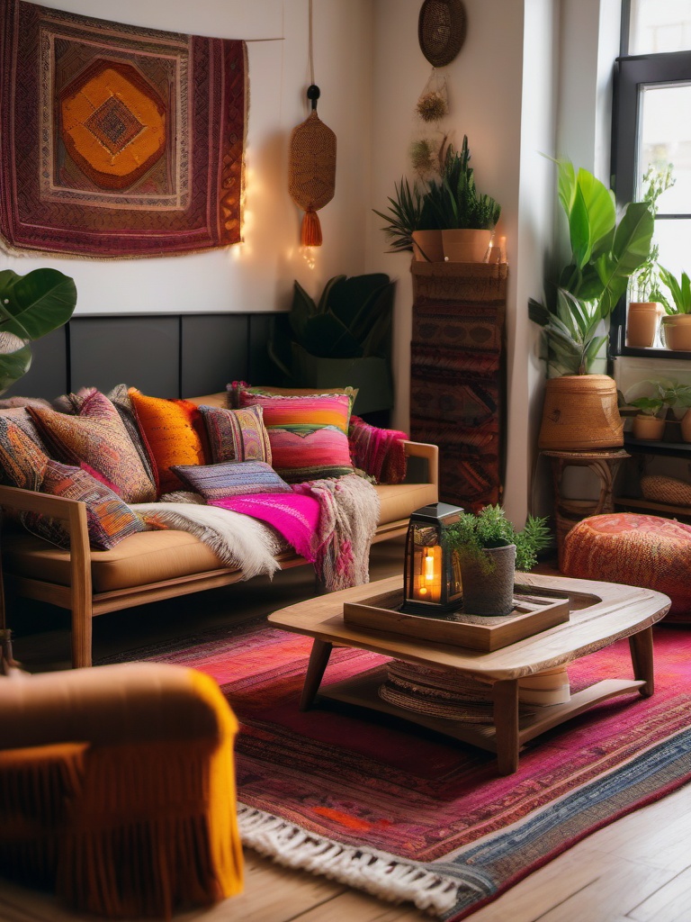 Bohemian Living Room - Cozy living room into a boho paradise with eclectic decor and vibrant textiles. realistic, professional photography, bokeh, natural lighting, canon lens, shot on dslr 64 megapixels sharp focus