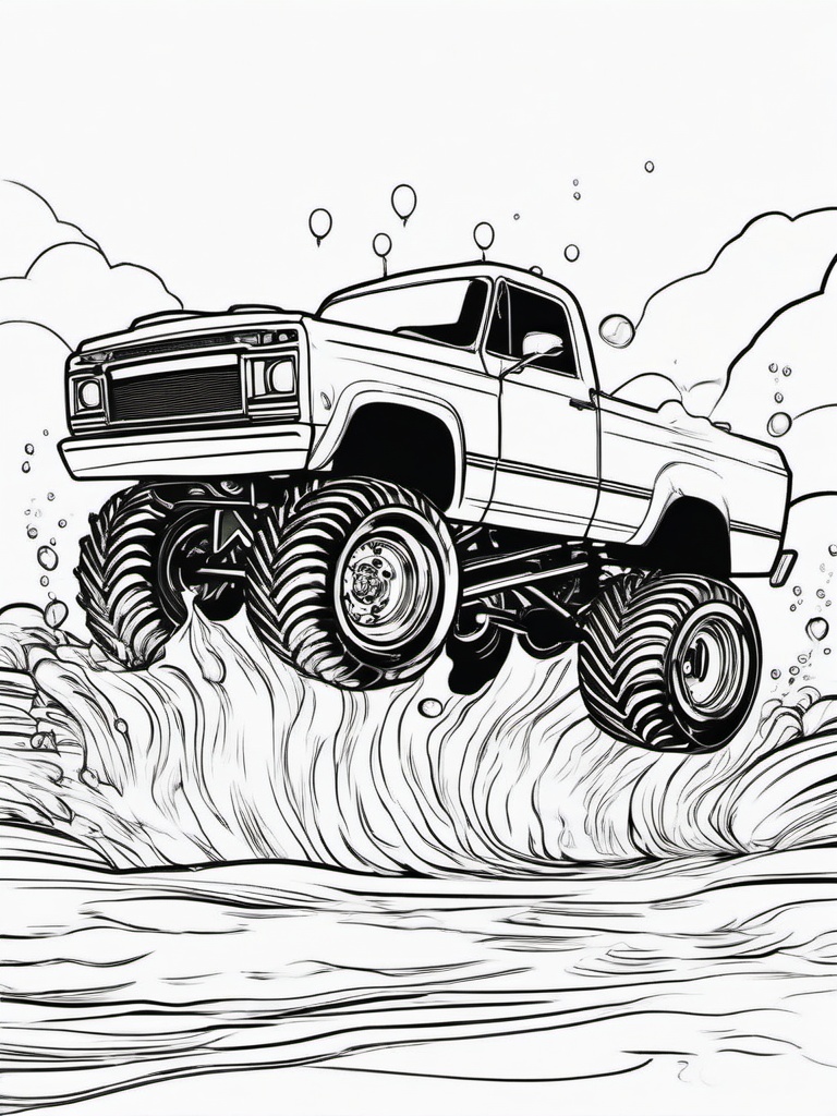 Monster Truck Splashing Through Water Coloring Pages - Trucks Charging Through Water Puddles  minimal black outline printable sheet, coloring page