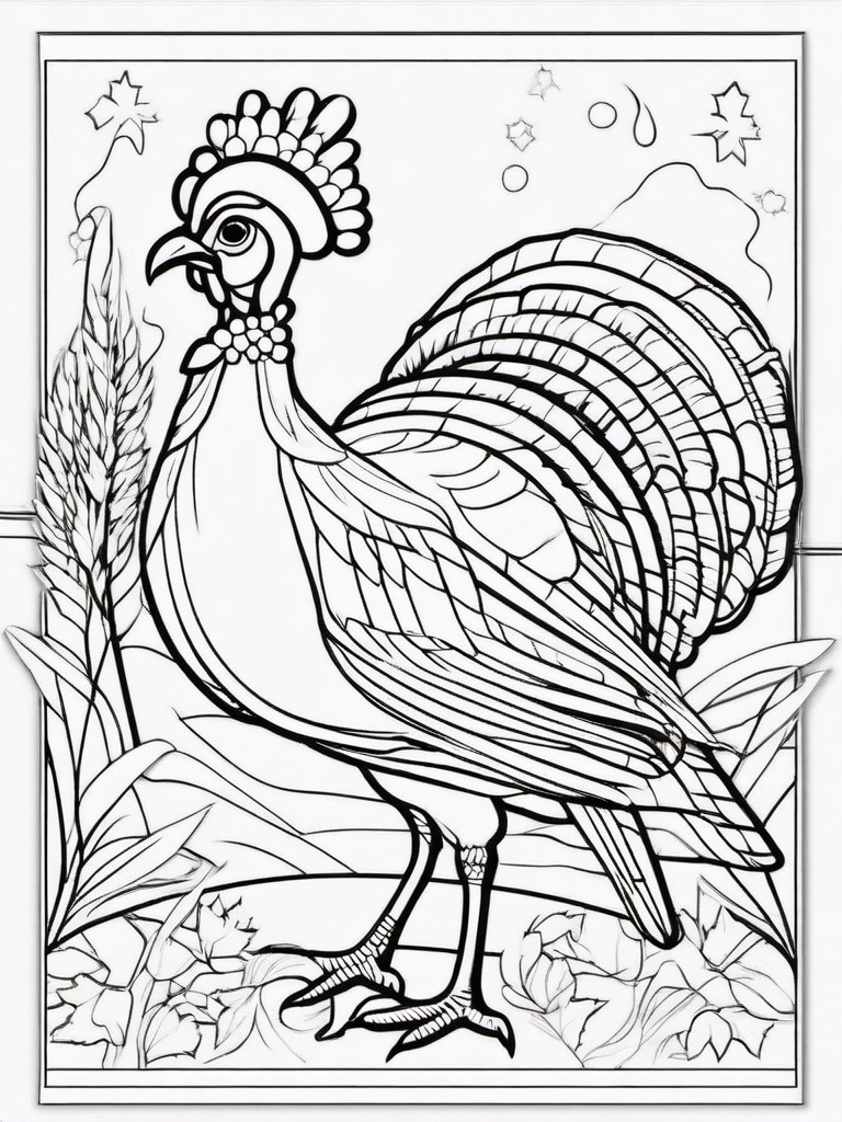 Turkey with Wheat Coloring Pages - Festive Scene with Turkey and Wheat  minimal black outline printable sheet, coloring page